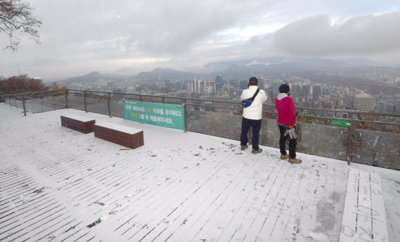 서울에 첫눈이 내린10일 서울 남산일대에 눈이 내리고 있다. 2021.11.10 박지환기자 popocar@seoul.co.kr