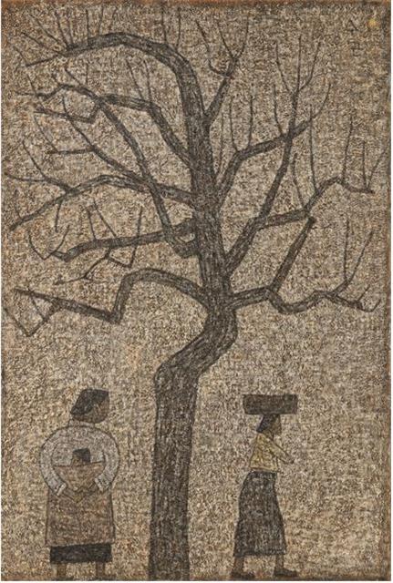 박수근의 ‘나무와 두 여인’(1962), 캔버스에 유채, 130x89㎝, 리움미술관 소장.  국립현대미술관 제공