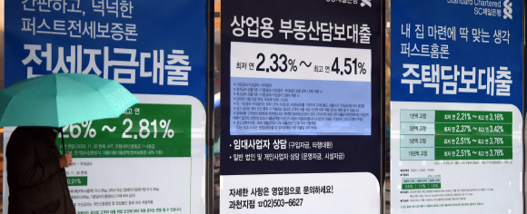 지난 9일 한 시민이 경기도 한 은행 앞에 붙은 대출 관련 광고문 앞을 지나가고 있다.  박윤슬 기자 seul@seoul.co.kr