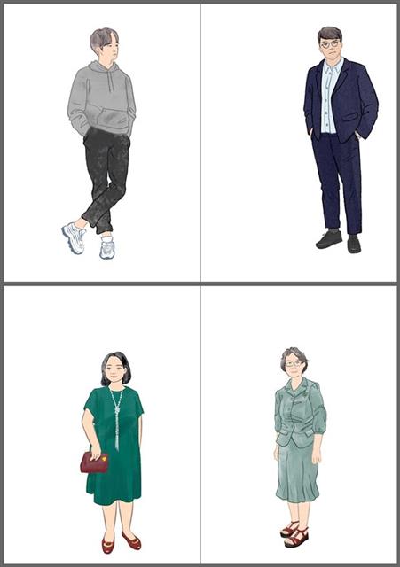 온라인 쇼핑이 대세가 된 요즘은 과거의 명동, 압구정동과 같은 ‘패션 중심지’ 개념이 약해졌다. 오늘날 서울 사람들의 일상적 패션을 나타낸 일러스트. 왼쪽 위부터 시계 방향으로 20대 남성, 30대 남성, 60대 여성, 40~50대 여성. 서울생활사박물관 제공
