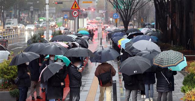 빗속 코로나 검사 우산 행렬 