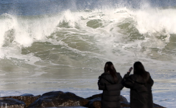 동해상에 풍랑특보가 내려진 1일 강원 강릉의 한 해안 방파제에서 관광객들이 높은 파도가 이는 가운데 사진을 찍고 있다.  2021.12.1 연합뉴스