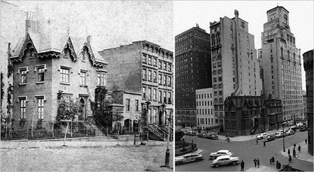 20세기 초의 ‘도널드 트럼프’라 할 부동산 업자 헨리 맨덜이 미 뉴욕 맨해튼에 지은 고층 빌딩 사이로 옛 저택이 옹색하게 끼어 있다. 19세기 말 대저택들이 밀집했던 ‘파크 애비뉴’의 ‘1번지’였던 이 저택은 주인인 마사 베이컨이 죽은 뒤 맨덜의 건물에 ‘1번지’ 지위를 내주고 철거됐다. 민음사 제공