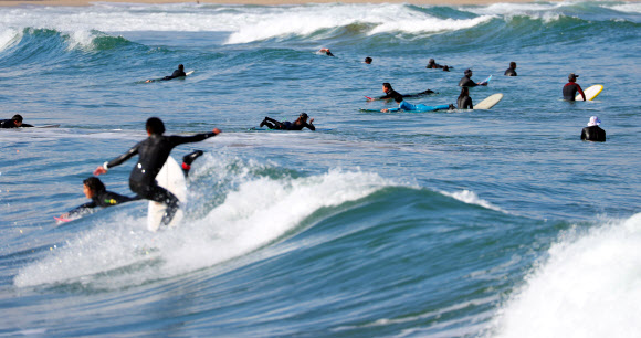 ‘겨울 바다 즐기는 서퍼들’