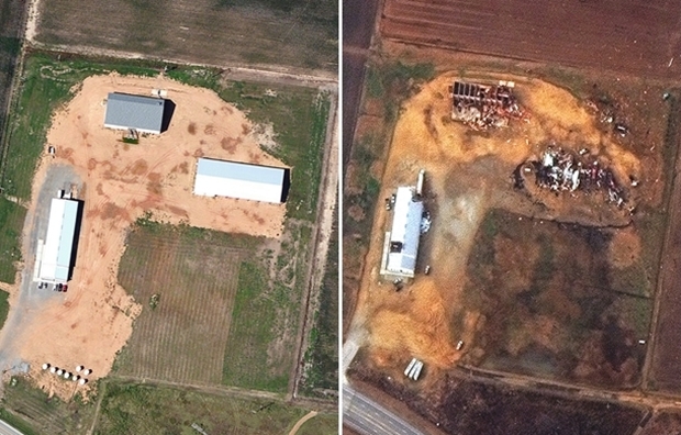 미국 상업위성 막사테크놀로지가 2021년 12월 11일 토네이도 강타 직후 촬영한 아칸소주 크레이크헤드카운티 모네트시 농장(오른쪽)의 모습. 왼쪽은 2월 22일 촬영 사진이다./AP연합뉴스