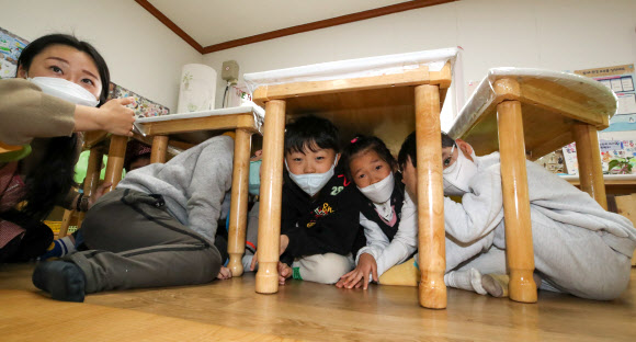 지진 낙하물 피해, 책상 밑으로