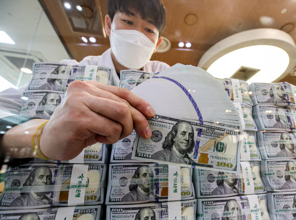 한국은행이 미국 연방준비제도이사회(연준)와 체결한 한시적 통화스와프계약이 예정대로 이달 31일 계약만기 일에 종료될 예정이라고 밝힌 16일 오후 서울 중구 하나은행 본점 위변조방지센터에서 직원이 달러를 들어보이고 있다. 한은 관계자는 종료 배경에 대해 “통화스와프계약 체결 이후 국내외 금융·경제 상황이 위기에서 벗어나 안정을 유지하고 있기 때문”이라고 설명했다. 한·미 통화스와프계약이 종료되더라도 최근의 금융·외환시장 상황, 강화된 외화유동성 대응 역량 등을 고려할 때 국내 외환시장에 미치는 영향은 크지 않다는 게 한은의 분석이다. 2021.12.16  연합뉴스