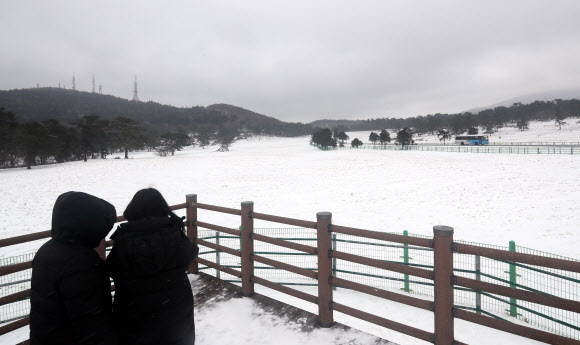 제주 산지에 대설주의보가 내려진 18일 제주마 방목지를 찾은 사람들이 설경을 감상하고 있다. 2021.12.18  연합뉴스