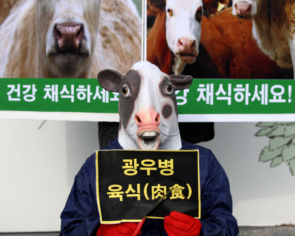 23일 오후 서울 광화문광장에서 채식 단체 관계자가 최근 캐나다에서 6년 만에 광우병이 발생해 캐나다산 쇠고기 수입검역이 중단된 것과 관련해 시민들에게 채식을 촉구하는 퍼포먼스를 하고 있다. 2021.12.23 연합뉴스