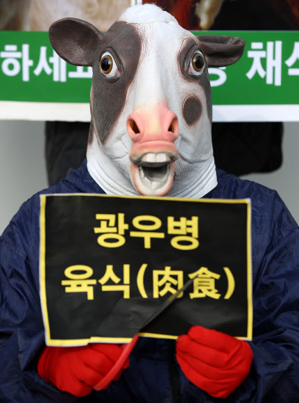 23일 오후 서울 광화문광장에서 채식 단체 관계자가 최근 캐나다에서 6년 만에 광우병이 발생해 캐나다산 쇠고기 수입검역이 중단된 것과 관련해 시민들에게 채식을 촉구하는 퍼포먼스를 하고 있다. 2021.12.23 연합뉴스