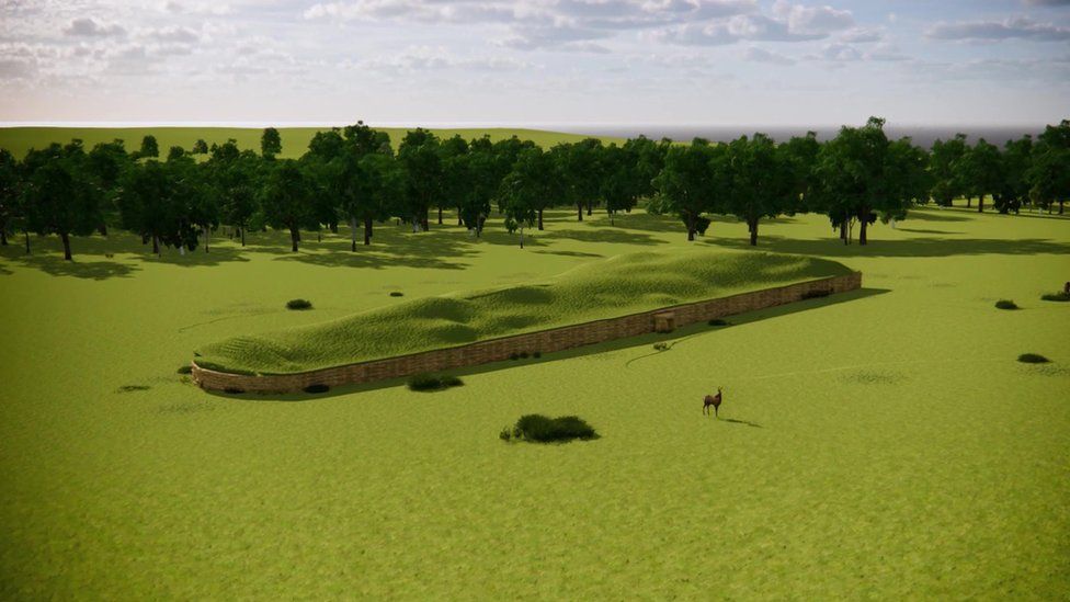 영국 잉글랜드 중서부 글로세스터주 구릉 지대에 조성된 신석기 시대 무덤 해즐턴 노스 케이른의 상상도. 