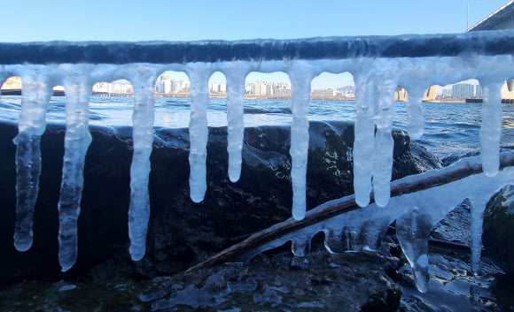 서울 기온이 영하 13.3도로 이번 겨울 최저 기온을 기록한 25일 오전 서울 여의도 선착장 인근에 고드름이 달려있다. 2021.12.25 연합뉴스