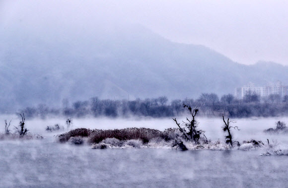 강원 산지와 내륙을 중심으로 한파특보가 이어지고 있는 28일 오전 강원 춘천시 소양강에 물안개와 상고대가 피고 있다. 기상청은 낮부터 기온이 다소 올라 추위가 누그러질 것으로 내다봤다. 2021.12.28 연합뉴스