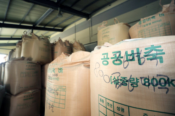 정부가 지난해 초과 생산된 쌀에 대한 추가 매입(시장격리)에 나선 가운데 전남 담양의 한 미곡종합처리장 창고에 쌓여있는 쌀 포대들. 서울신문 DB