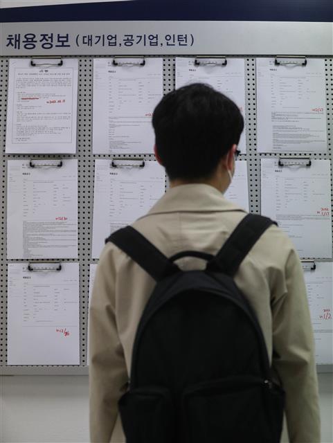고질적인 취업난과 코로나19 사태까지 덮치면서 대학 졸업유예제를 찾는 학생들이 늘고 있다. 29일 교육부에 따르면, 2020년 고등교육기관(대학) 졸업자 취업률은 65.1%로 집계됐다. 2011년 이후 최저치다. 교육부 관계자는 통계치에 대해 “2020년 2월 졸업한 학생들의 취업률이 이렇게 낮은 것은 코로나19 영향이 가장 큰 것으로 보인다”고 말했다. 졸업유예 제도는 학점 등 졸업에 필요한 요건을 갖춘 ‘수료’ 상태에서 졸업 시기만 연기해 학사 학위 취득을 유예하는 제도다.  사진은 서울의 한 대학교 취업게시판에서 채용정보를 살펴보는 대학생 모습. 2021.12.29 뉴스1