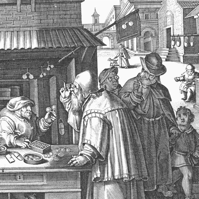 이탈리아 화가 스트라다노가 그린 풍속화. 유럽에선 15세기부터 안경 제작 기술이 발달하면서 거리에서도 누구나 안경을 쉽게 써보고 살 수 있었다는 걸 확인할 수 있다.  위즈덤 하우스 제공