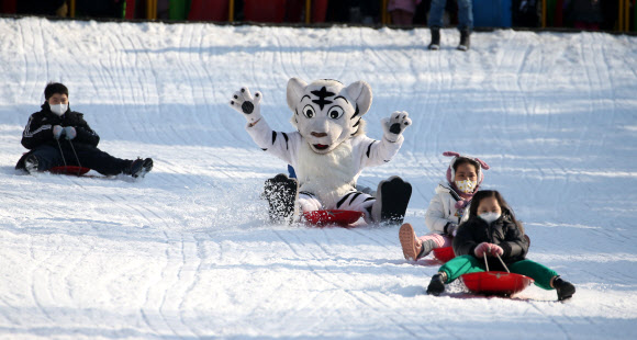 새해 둘째날인 2일 오후 대구 달서구 이월드 눈썰매장에서 어린이들이 호랑이와 함께 눈썰매를 타며 휴일을 보내고 있다. 2022.1.2  연합뉴스