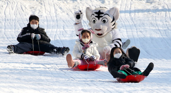 새해 둘째날인 2일 오후 대구 달서구 이월드 눈썰매장에서 어린이들이 호랑이와 함께 눈썰매를 타며 휴일을 보내고 있다. 2022.1.2  연합뉴스