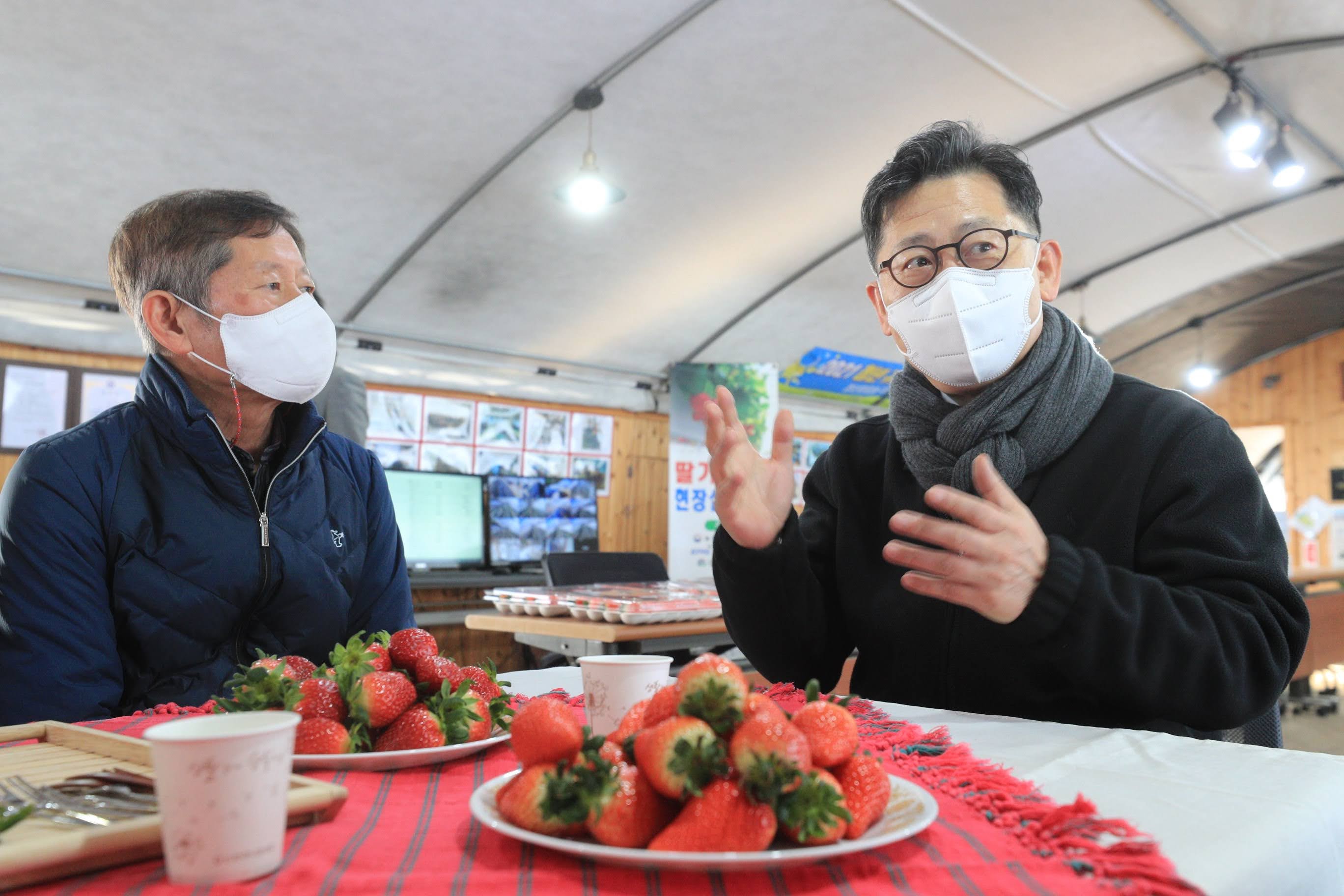 김현수(오른쪽) 농림축산식품부 장관이 11일 충남 논산시 소재 딸기 재배 농가를 방문해 현장 의견을 청취하고 있다. 농림축산식품부 제공