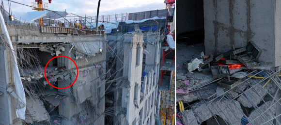 광주 화정동 현대산업개발 신축 아파트 붕괴 사고가 난 다음날 촬영한 드론 사진(왼쪽)을 보면 단면이 드러난 38층 공간에 건축 자재가 쌓여 있다. 자세히 들여다본 사진(오른쪽)에서는 알폼이 한데 모여 있는 모습이 확인된다. 전국건설노동조합 광주전남지역본부는 19일 ‘아파트 붕괴 사고 발생 사흘 전쯤 사고 난 층의 아래층인 38층에 거푸집(알폼)과 지지대 역할을 하는 임시 기둥(동바리)을 미리 철거했다’는 현장 관계자의 증언을 공개했다. 광주 연합뉴스