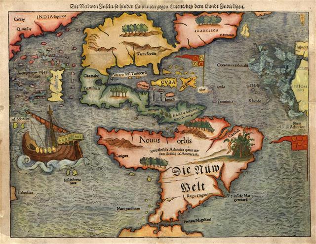 바다를 무대로 세계 여러 문명과 각국의 역사를 바라보면 더욱 역동적이고 박진감 넘치는 시간을 마주할 수 있다. 책 속 200여 점의 지도와 사진자료가 바다와 함께한 인류사를 더욱 생생하게 전한다. 중세 유럽의 베스트셀러, 제바스티안 뮌스터의 ‘우주 형상지’에 실린 1561년판 아메리카 지도. 휴머니스트 제공
