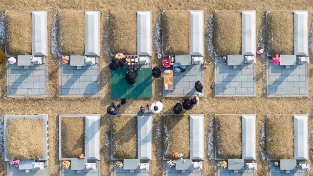 설 연휴를 일주일 앞둔 22일 인천가족공원을 찾은 시민들이 성묘를 하고 있다. 인천시설공단 가족공원사업단은 코로나19 확산 방지를 위해 오는 29일부터 내달 2일까지 화장장을 제외한 전 시설을 임시 폐쇄한다. 2022.1.22 뉴스1