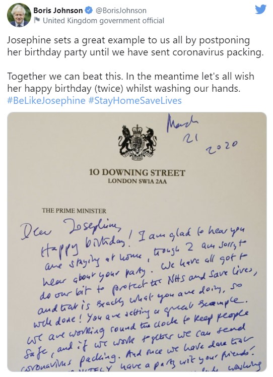 보리스 존슨 영국 총리가 지난 2020년 3월 21일, 코로나19 봉쇄령으로 생일 파티를 취소한 7살 어린이 조세핀 부스의 편지에 보낸 답장. 2022.1.26  트위터 캡처