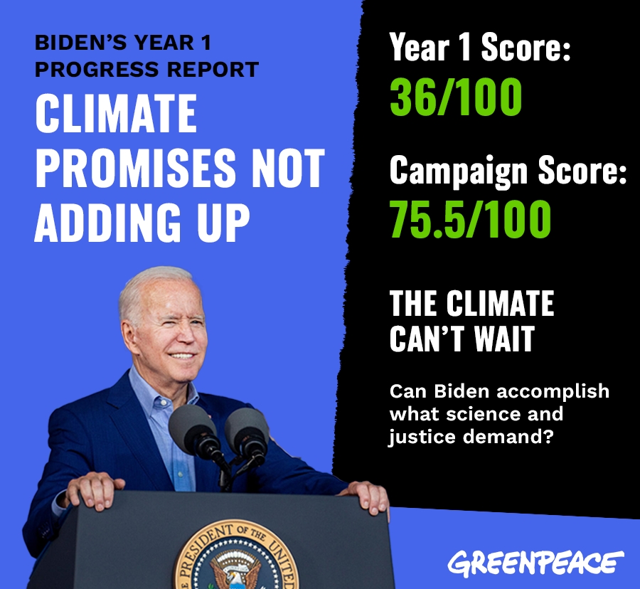 미국 그린피스는 지난 27일 보고서를 통해 조 바이든 미국 대통령의 임기 첫해 기후정책을 100점 만점에 36점으로 평가했다. 2022.1.31  그린피스 홈페이지