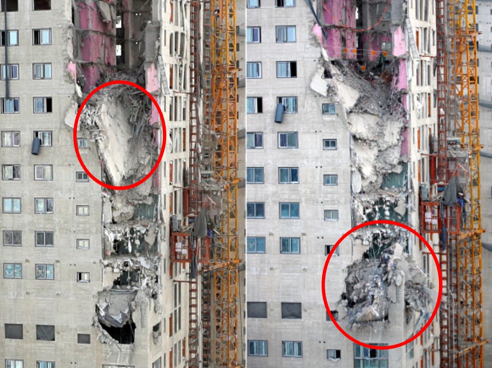지난 29일 매달려 있던 콘크리트 구조물(왼쪽)과 2일 콘크리트 구조물이 떨어져 일부가 건물에 걸쳐 있는 모습(오른쪽)/ 2022.02.02 연합뉴스