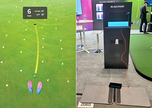 솔티드㈜ 부스에 설치된 실시간 그린 언듈레이션(마운드의 고도차) 분석기(왼쪽)와 ‘스마트골프 인솔(족저압 센서 매트)’. 솔티드 제공