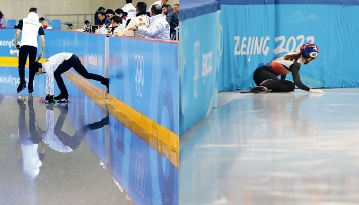 2018 평창 동계올림픽 당시 호평을 받았던 빙질. 오른쪽 사진은 2022 베이징 동계올림픽 쇼트트랙 여자 500m 8강전 경기에서 최민정이 넘어져 있는 모습. 온라인 커뮤니티 캡처·뉴스1