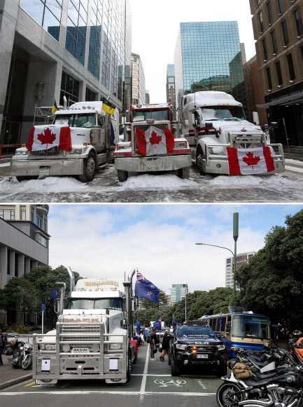 캐나다와 뉴질랜드 수도에서 백신 반대 트럭 시위