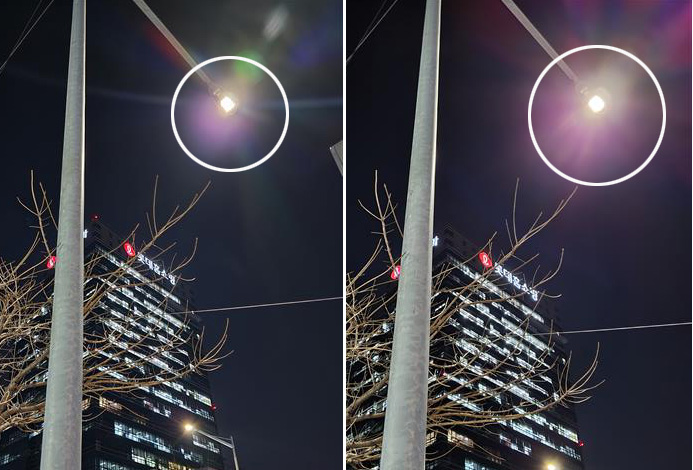 삼성전자의 갤럭시 S22 울트라(왼쪽)와 직전 플래그십 스마트폰인 갤럭시 Z플립3(오른쪽)로 10일 저녁 동일한 야간 모드를 통해 서울 시내에서 가로등을 촬영해 봤다. Z플립3보다 S22 울트라에서 빛번짐 현상이 줄어든 것이 확연했고, 가로등 조명이나 뒤편 건물에서 나오는 빛도 보다 선명하게 표현됐다. 정확한 비교를 위해 같은 자리에서 같은 구도로 연속적으로 촬영했다. 나상현 기자