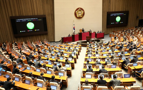 2022년도 공공자금관리기금운용계획변경안에 대한 수정안이 21일 오후 서울 여의도 국회에서 열린 본회의에서 가결되고 있다.  2022.2.21 국회사진기자단