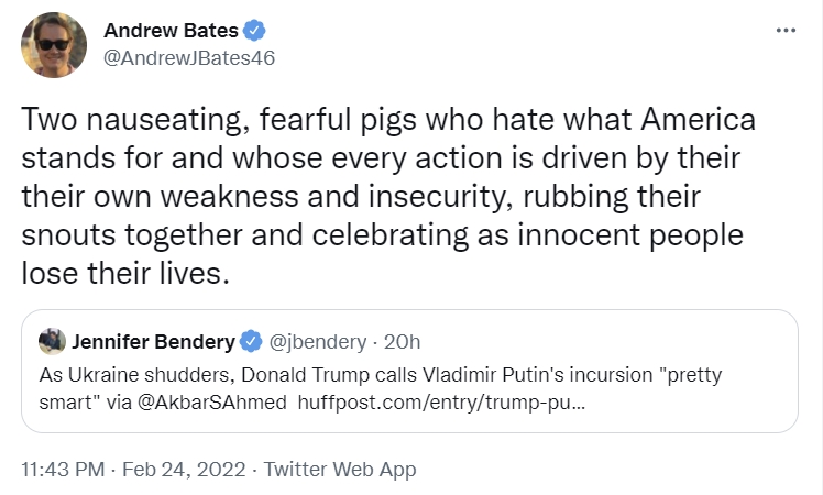 백악관 관계자, 푸틴·트럼프에 “역겨운 돼지 2마리”