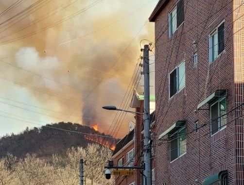 안산시 상록구 장상저수지 인근 야산에서 불이 나 소방당국이 소방 헬기 5대, 소방차 28대, 진화 대원 88명을 투입해 2시간째 산불 확산을 막고있다. 연합뉴스 