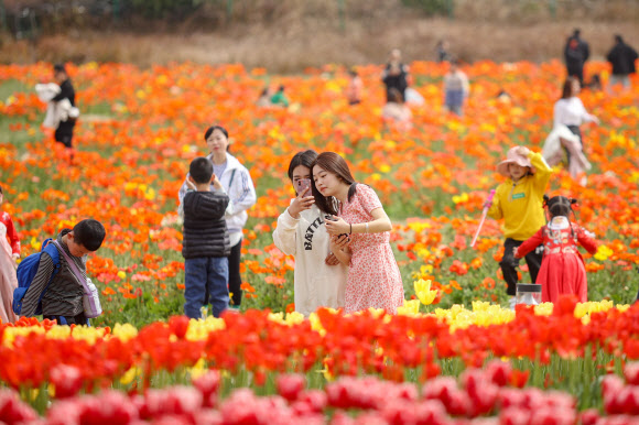 People view blooming flowers in the springtime in Suining, southwest China‘s Sichuan Province, March 6, 2022. Xinhua 연합뉴스
