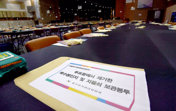 제 20대 대선을 하루 앞둔 8일 서울 중구 구민회관에 마련된 개표장이 준비를 마치고 대선 개표를 기다리고 있다. 2022.3.8 박지환기자