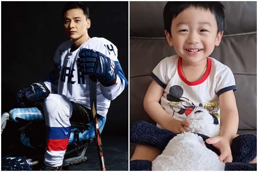 한국 장애인 아이스하키 대표팀 정승환의 아들 한서군이 아빠를 향해 응원하는 모습. 대한장애인체육회 제공