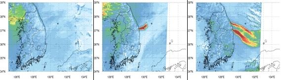 동해안 산불 자외선 에어로졸 지수 주요 장면. 동해안 산불 발생 전인 3월 4일 오전(왼쪽), 발생 직후인 4일 오후(가운데), 확산한 5일 오후(오른쪽). 산림환경곽학원 제공