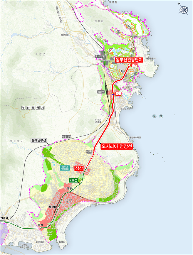 부산기장군 오시리아 관광단지 일대 교통난 해소를 위해 ‘반송터널’과 ‘도시철도 오시리아선’이 조기 구축 된다.<오시리아 노선도 .부산시 제공>.