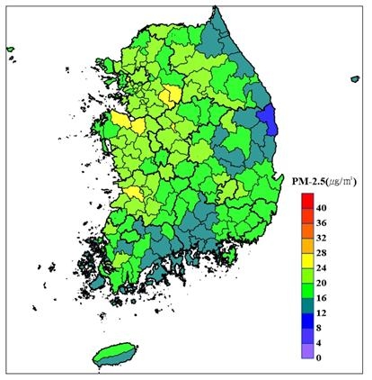 2020년 기초지자체별 초미세먼지 연평균 농도 상황. 파란색이 울진군. 환경부 제공