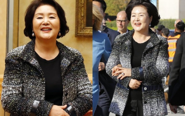 지난 2018년 10월 프랑스 국빈방문 당시 김정숙 여사가 입었던 샤넬 브랜드 재킷. 해당 의상은 한국에서 개최했던 2015/16 크루즈 컬렉션 무대에 소개됐다. 연합뉴스