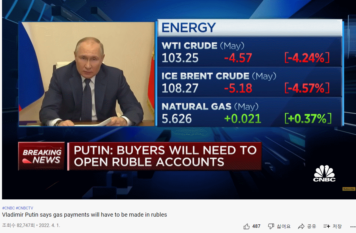 블라디미르 푸틴 러시아 대통령의 루블화 결제 요구를 보도하는 미국 CNBC 방송 화면. CNBC 유튜브. 2022.04.01