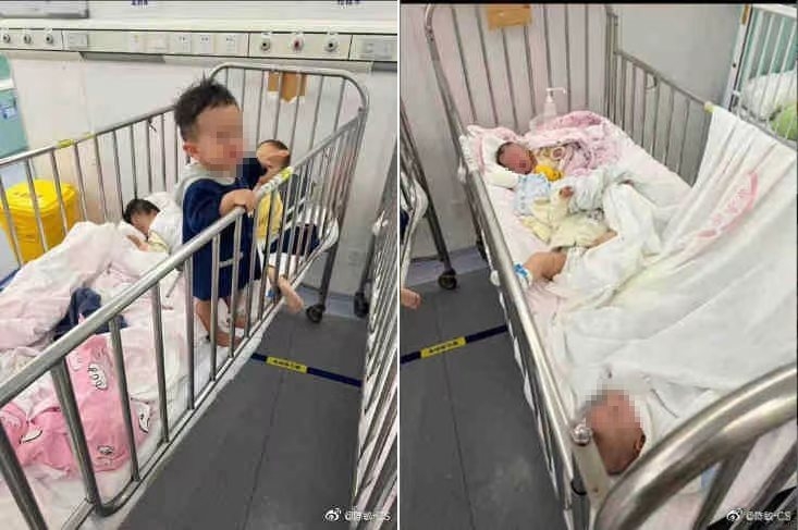 중국 상하이의 공공병원인 상하이공공위생센터의 어린이 병동에서 격리된 채 치료를 받는 영유아 환자들. 환자가 급증해 한 침대를 여러 명의 영유아가 함께 쓰고 있다. SNS 캡처 