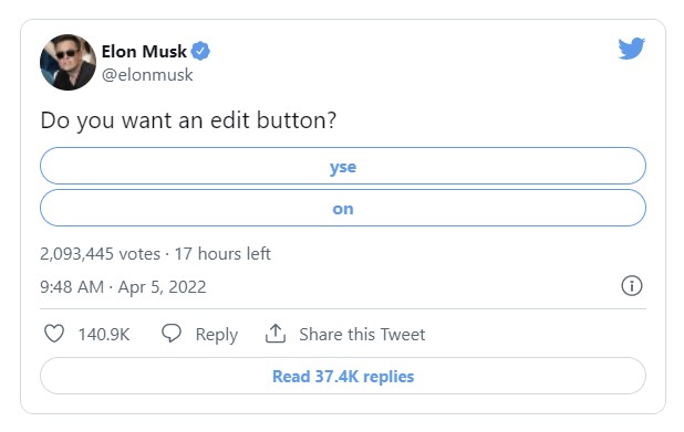 트위터 최대주주가 된 일론 머스크 테슬라 최고경영자(CEO)가 4일(현지시간) 트위터에 올린 여론조사. 편집 버튼을 원하느냐는 물음에 대해 약 200만명이 의견을 표명했다. 2022.4.4 트위터 캡처