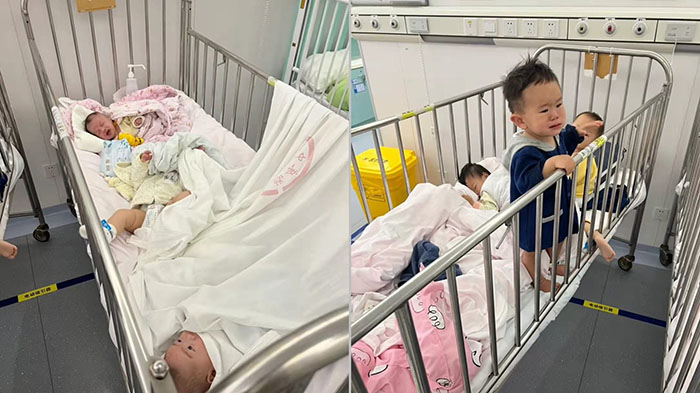최근 중국 상하이의 한 병원에 입원 중인 영유아 코로나19 환자들. 병상마다 3∼4명이 함께 누워 있는 모습에서 현재 이 지역의 의료 자원이 고갈됐음을 알 수 있다. 특히 이들은 강제로 부모와 떨어져 치료를 받아야 해 비인도적 처사라는 비난이 나온다. 웨이보 캡처