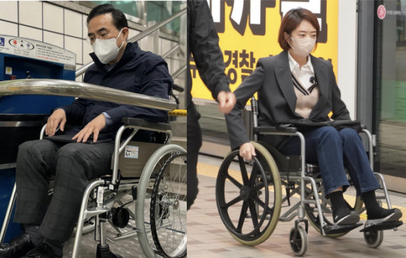 오늘(6일) 휠체어를 타고 출근한 박홍근 민주당 원내대표(왼), 고민정 의원(오) . 2022.4.6 SNS캡처