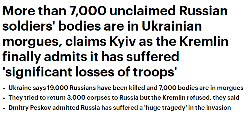 러시아가 우크라이나 침공 뒤 전사자 규모를 축소하려고 자국군 시신 수습을 거부한다는 주장이 제기됐다. 영국 데일리메일 홈페이지. 2022.04.09