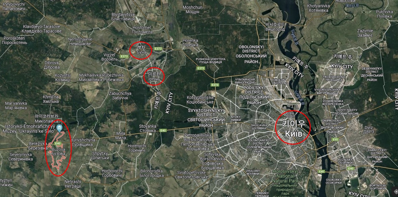 우크라이나 수도 키이우 도심에서 약 50km 떨어진 소도시 부조바에서 10일(현지시간) 수십 구의 민간인 시신이 발견됐다는 주장이 제기됐다. 2022.4.10  구글 지도 캡처